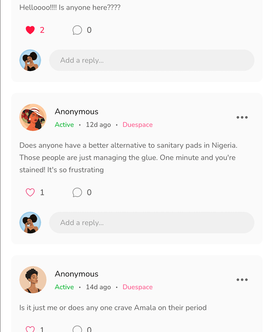 Anonymous AWA Secret community conversations about periods and everyday life