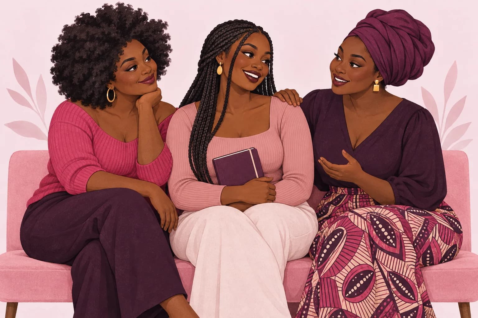 Illustration of three African women sharing a warm conversation, with natural curls, braids, and a plum headwrap