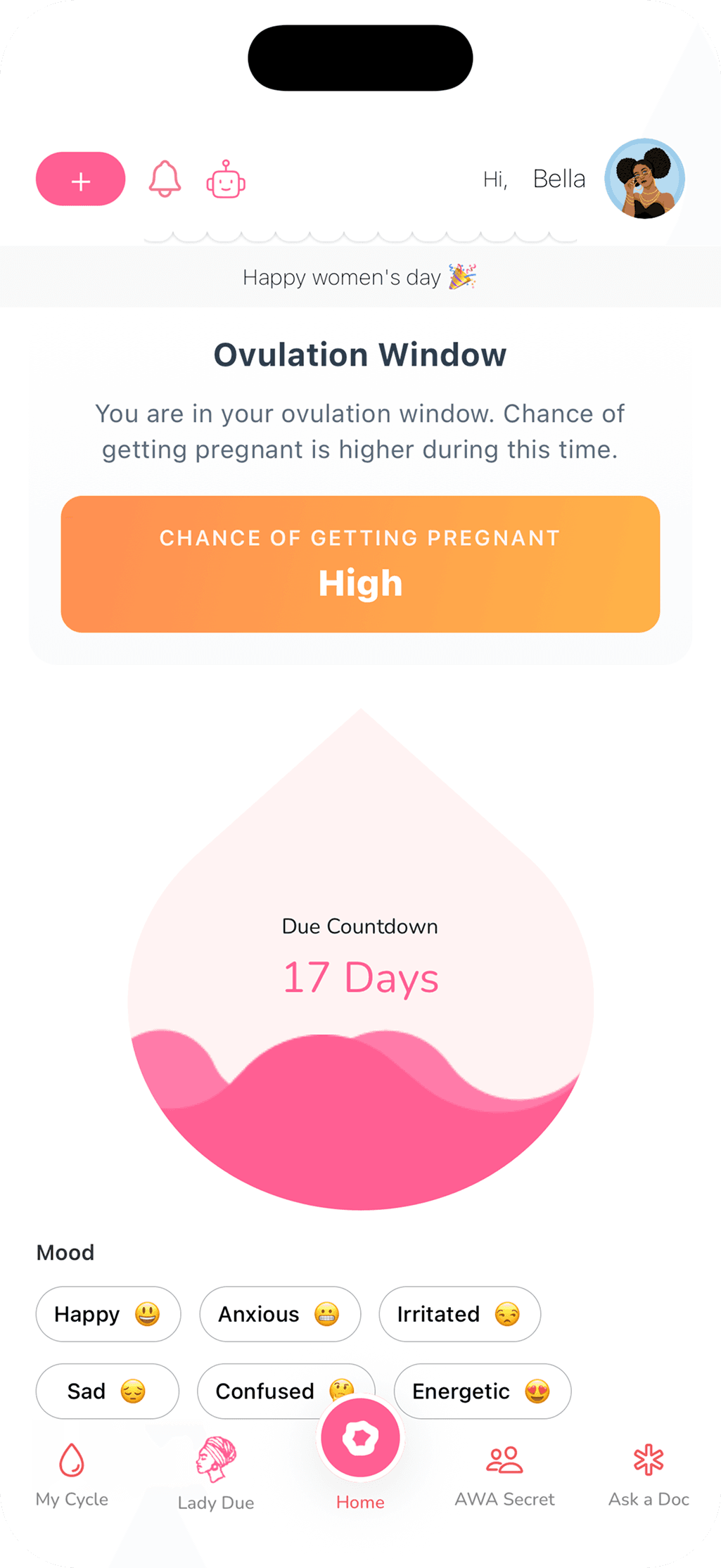 Due app home screen with cycle countdown, ovulation insights, and mood tracking