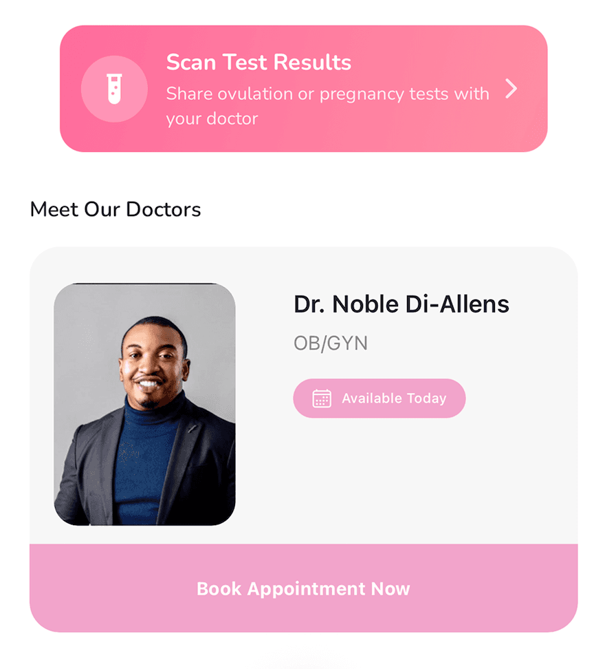 The Due app showing an OB/GYN profile and appointment booking