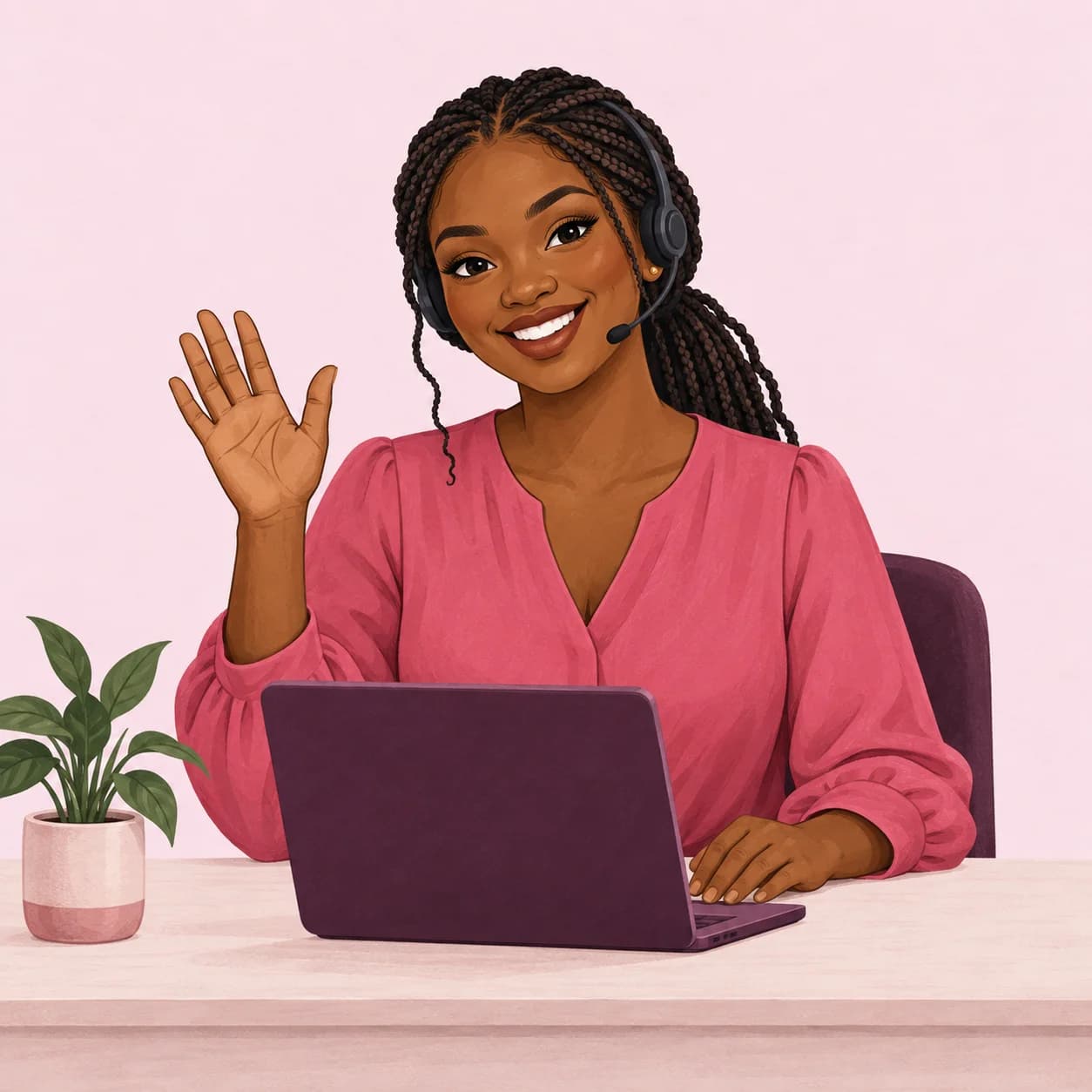 Illustration of a friendly African woman with braids and a headset waving hello from her laptop