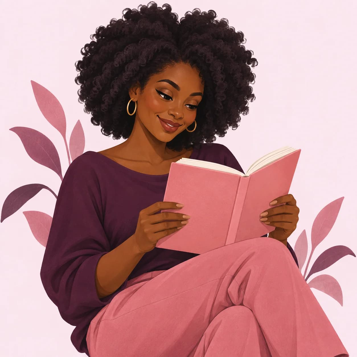 Illustration of an African woman with natural curls enjoying a book